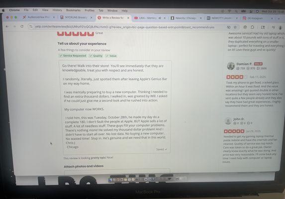 My fixed MacBook Pro. I can only write this review because of Will!