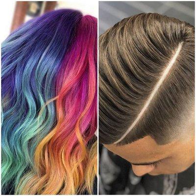 Fun rainbow of colors and a men's fade with a hard part.