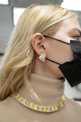 Two Tone Gold and Diamond Collar and Earring Set