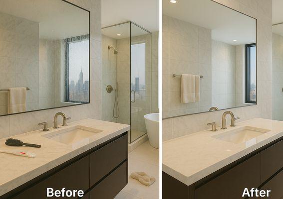 Before & after deep cleaning of luxury bathroom in NYC
