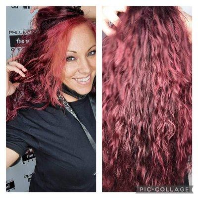 Deep violet red with coral money piece.