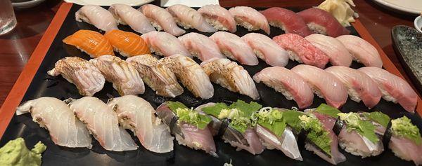 6x gnome fish (Kuromatsu), 2x tuna, 2x salmon, 4x emperor fish, 1x fatty tuna, 2x yellowtail 5x black throat (nodoguro), 4x amberjack, 3 x j
