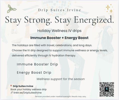 Holiday travel and long days? Support immune wellness or energy levels with IV hydration therapy at Drip Suites Irvine.