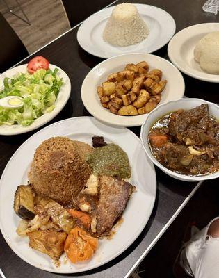 Theibou Diuenne WHITE, Fufu, Salad, Plantain and a delicious stew that I don't remember the name.
