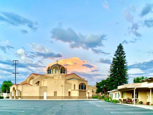 A view of the church at sunset.