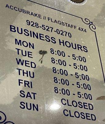 Business Hours 2022 M-F 8a - 5p Closed Sat, Sun