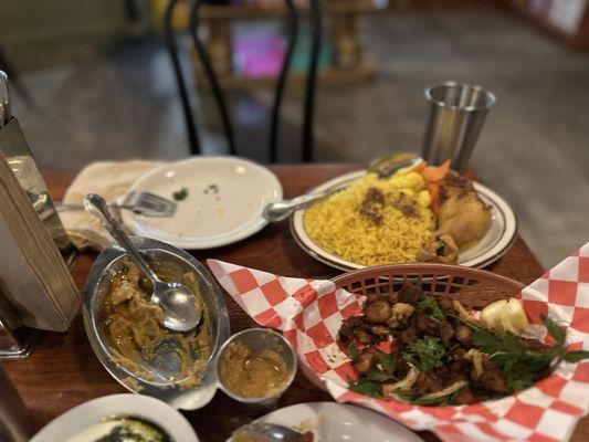 Potato, turmeric chicken, eggplant dip,