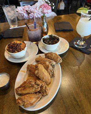 Chicken wings, greens, mac & cheese