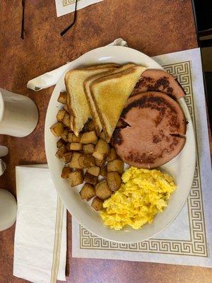 Bologna, home fries, scrambled eggs with cheese!
