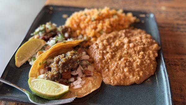 Pork Belly Tacos, rice & beans