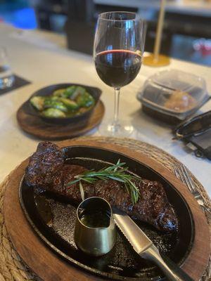 Skirt steak, Brussel sprouts, Malbec