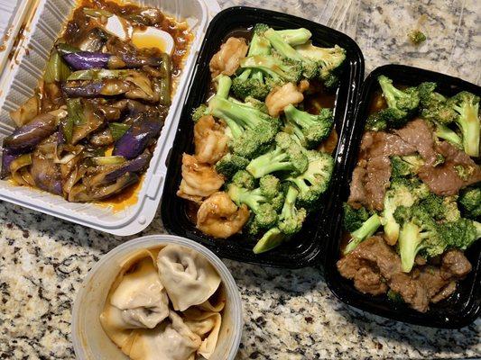 62. Shrimp with Broccoli 52. Beef with Broccoli 7. Szechuan Dumpling in Hot Oil and eggplant