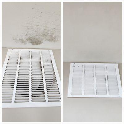 Initial deep cleaning of cafe restaurant vent dust grime and grease removal maintenance service. We clean the surrounding soiled ceiling.