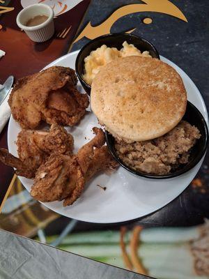 Crispy Fried Chicken dinner with dressing, mac & cheese & cornbread. Chicken is really good.