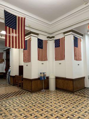 All iteration of US flags hang throughout
