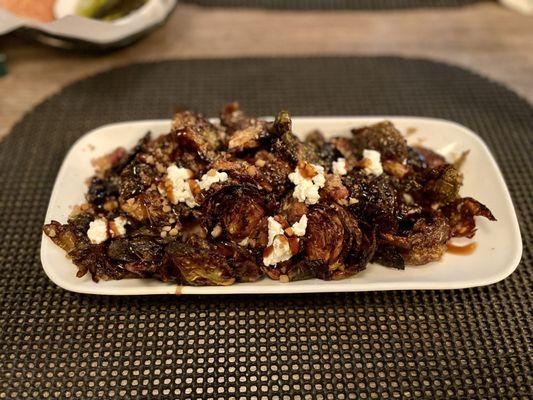 "Brussels with Pancetta" (crispy Brussel sprouts topped with pancetta, crumbled goat cheese, candied walnuts and balsamic reduction)