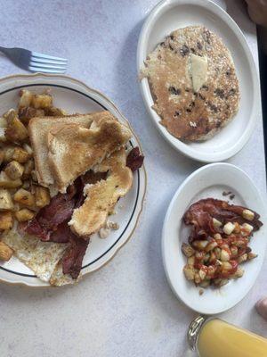 2 Two (2) Eggs Any Style Homefries Bacon Chocolate Chip Pancakes French Toast