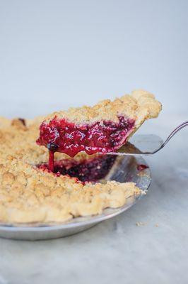 Berry pie with crumb! One of several crumb fruit pie options. There are gluten-free cream pie options as well!