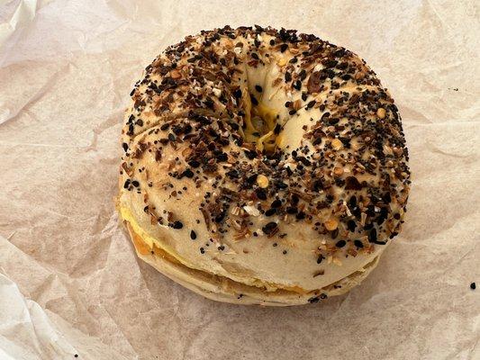 Spicy Mish-Mash (everything) Bagel with sausage, egg, and cheese