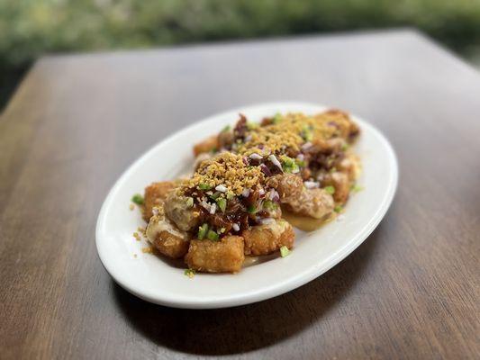 Drunken Tots, BBQ pulled pork, beer cheese, red onion, tortilla crumb.