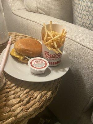 Kids cheeseburger with fries and their famous fry sauce. Very good!