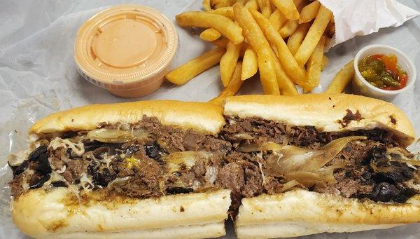 Philly Steak with added mushroom (no tomato) and an order of fries.