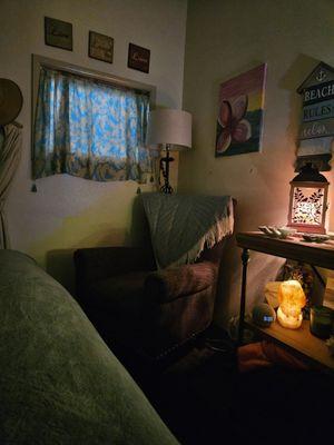 My room is set up to be relaxing from the time you walk in to the time you depart.