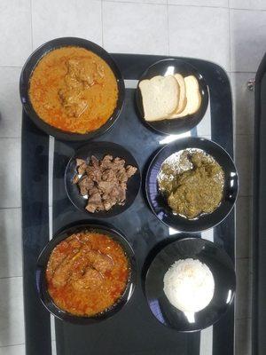Peanut butter sauce, gravy sauce, pallava sauce, dibi, rice, bread