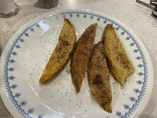 Steak Fries Four, (4), raw, Steak Fries. This is after they were sent back to be fried longer. The first time they were white & raw.