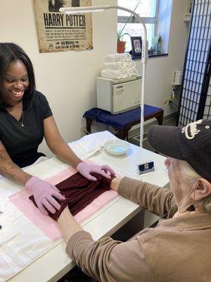 GRYFFINDOR MANNY: nails cleaned, clipped. Cuticle care, exfoliation, hand and arm massage, hot towel. Harry Potter themed names