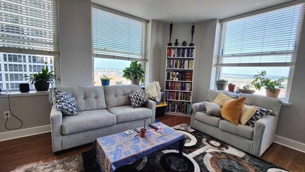 Living room with the couch, love seat ( with matching pillows included ), and one of the two rugs