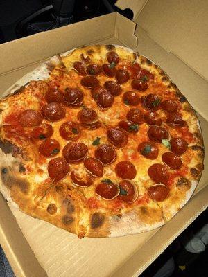 Pepperoni - size is like a medium from chain pizza places or a normal size for wood fired