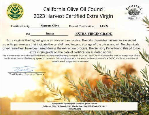 Marcum Olive Itrana - California Olive Oil Council Certified Extra Virgin Olive Oil.