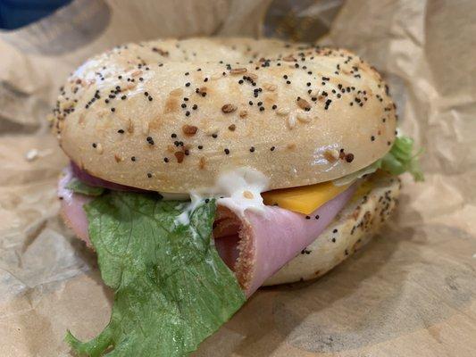 Ham and Cheese on Everything Bagel