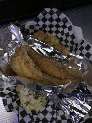 Fried red snapper with Mac n cheese and potato salad (fried red snapper so dang good!)