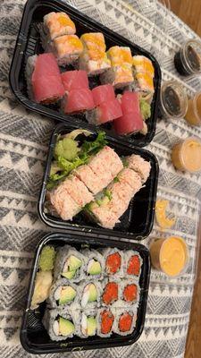 Lobster roll, spicy salmon, shrimp roll, shrimp and avocado roll