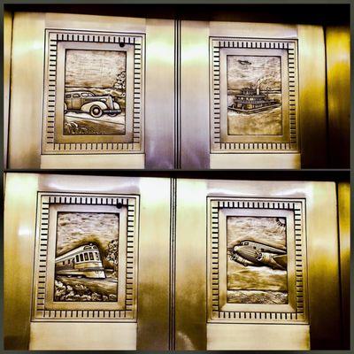 Four striking brass depictions of 4 of the main modes of transportation that helped sculpt our city adorn the elevator doors