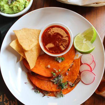 Birria tacos with consomé