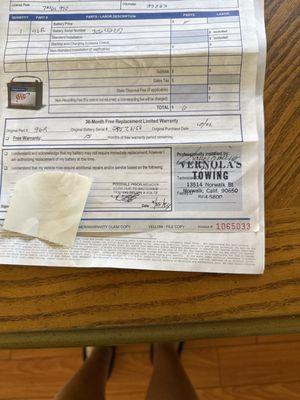 Stamp of Vernola's Towing for battery sold