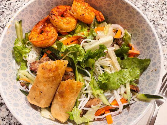Perfect Bowl with grilled chicken, and added shrimp. Veggie fried spring rolls.