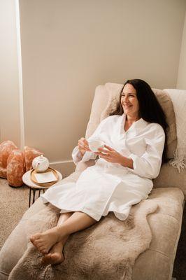 Post-session pause in our Himalayan salt garden. Sit, sip, and breathe--no rush, just soft light and steady grounding.