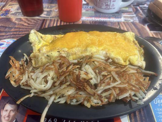 3 egg omelette with hashbrown.