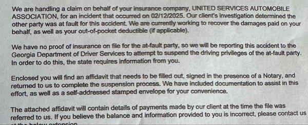 Photo details my insurance company holding these folks accountable for repairs to my vehicle.