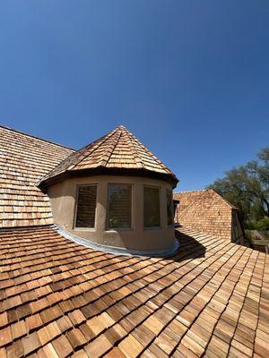 Dormer on roof and flashing. Cedar Shake tile roof in Gilbert, AZ