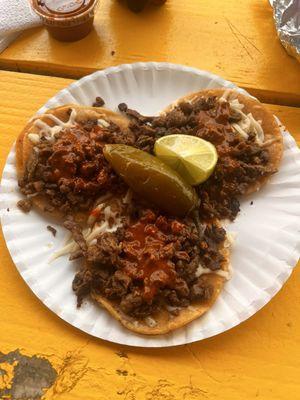 My plate. Tacos de asada with cheese and salsa only.