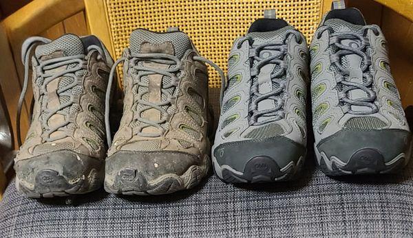 Oboz shoes. Left, worn every day for 2+ years.Hiking, construction, landscaping. Right pair - new social occasion pair until dailies