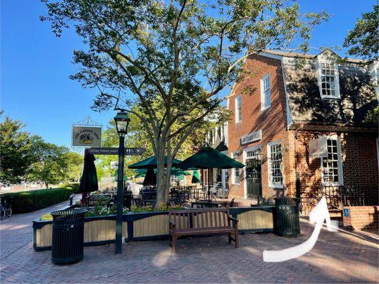 Outside / Exterior pic of steps to lower level restaurant below The Cheese Shop (you can also enter from inside Cheese Shop)