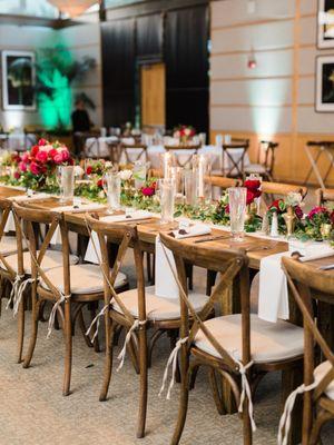 We rent beautiful Crossback chairs and farm tables.