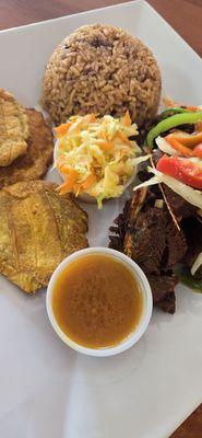 Fried Turkey, Rice, Fried Plantain, Pikliz, Sauce? Sweet Peppers and Onion