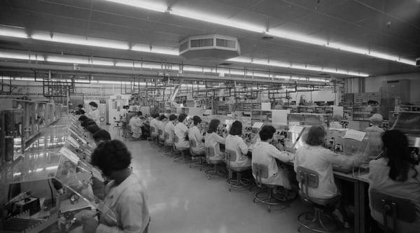 1964, Fairchild Semiconductor: "Women are the mainstay of Fairchild's busy production line, which turns out transistors. Mercury